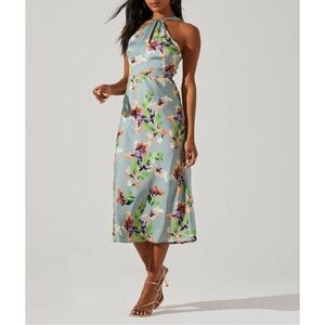 ASTR Sandrine Floral Halter Dress in Sage Orange Floral